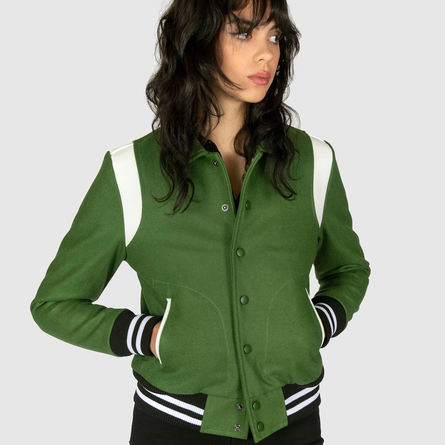 GREEN Wool & White Leather Varsity Jacket For Women
