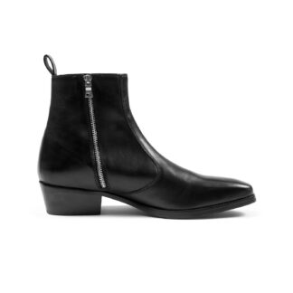 Richards - Black Leather Zip Boots. The Richards is a men’s black, premium leather boot featuring a side ankle zipper closure and stacked heel.