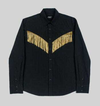 Long sleeve button up black western shirt with gold fringe