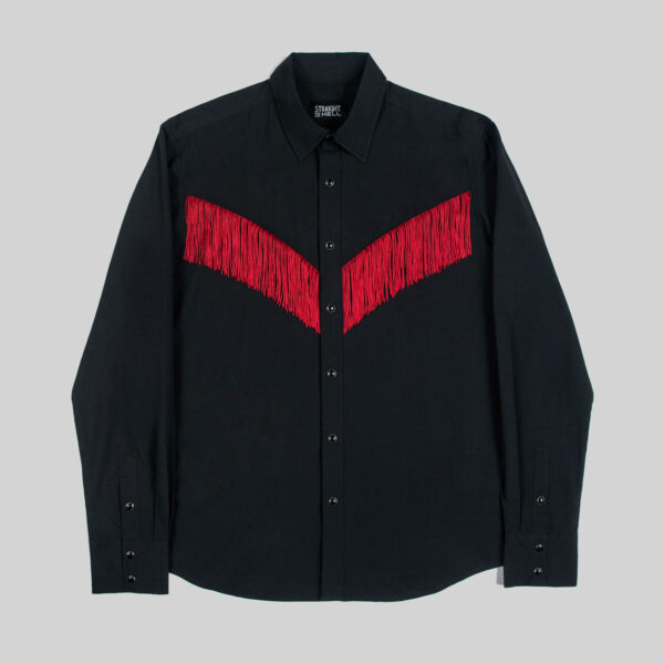Long sleeve button up black western shirt with red fringe