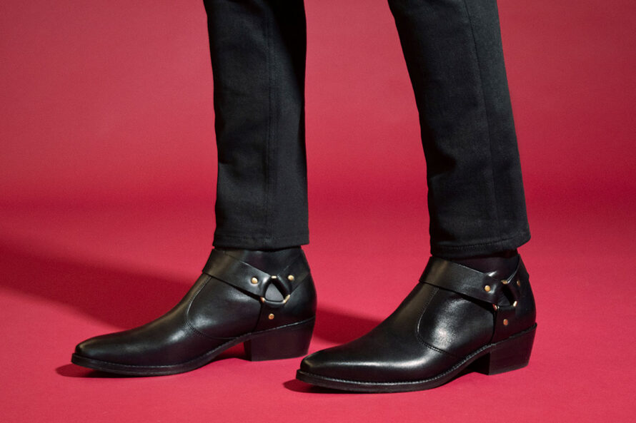 Libertine – Black and Brass Leather Harness Boots