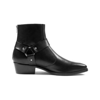Libertine is a men’s black, premium leather harness boot