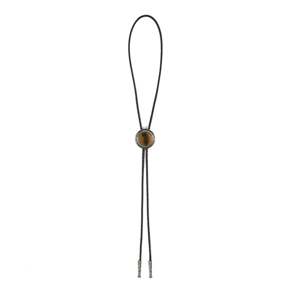Lost Highway bolo tie features a polished tiger's eye stone