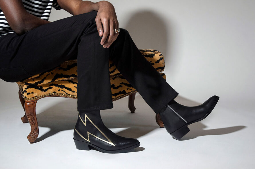 Lightning – Black and Gold Leather Lightning Bolt Boots