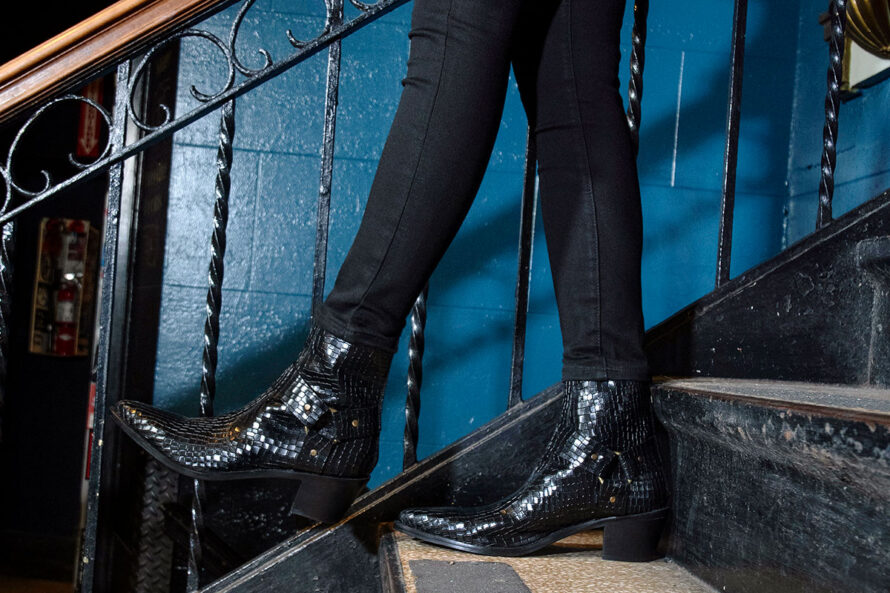 Libertine – Black Snakeskin Leather Harness Boots