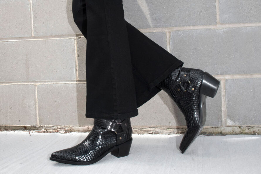 Libertine – Black Snakeskin Leather Harness Boots