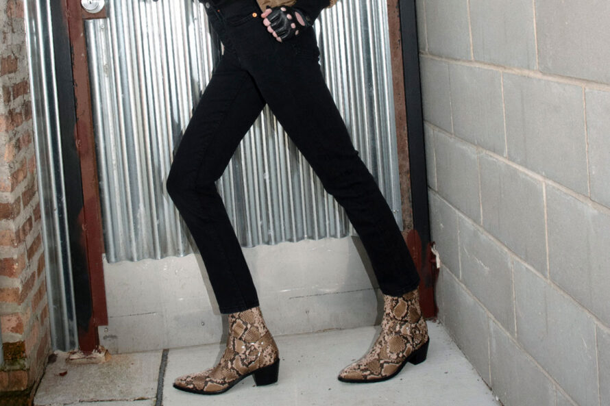 Libertine – Tan Snakeskin Leather Harness Boots
