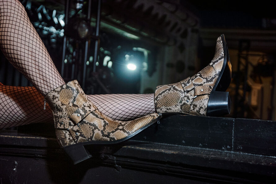 Libertine – Tan Snakeskin Leather Harness Boots