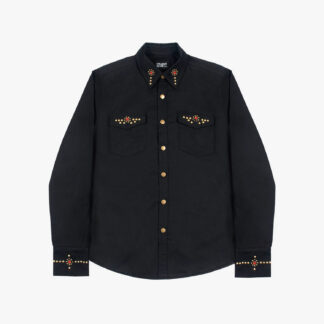Brux – Studded Shirt (Men) The Brux features brass and gem studs along the collar, chest pockets, cuffs, and back.