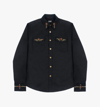 Brux – Studded Shirt (Men) The Brux features brass and gem studs along the collar, chest pockets, cuffs, and back.