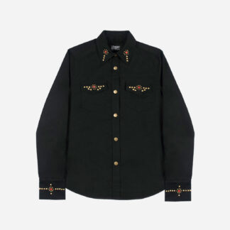Brux – Studded Shirt (Women) The Brux features brass and gem studs along the collar, chest pockets, cuffs, and back.