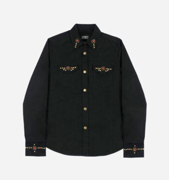 Brux – Studded Shirt (Women) The Brux features brass and gem studs along the collar, chest pockets, cuffs, and back.