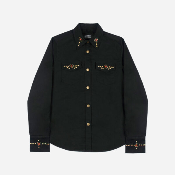 Brux – Studded Shirt (Women) The Brux features brass and gem studs along the collar, chest pockets, cuffs, and back.