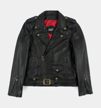 The Commando is our most traditional and recognizable leather jacket, now made in black leather with brass ball pull zippers and redesigned removable belt.