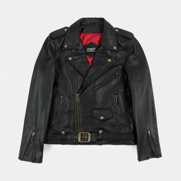 The Commando is our most traditional and recognizable leather jacket, now made in black leather with brass ball pull zippers and redesigned removable belt.