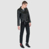 The Commando is our most traditional and recognizable leather jacket, now made in black leather with brass ball pull zippers and redesigned removable belt.