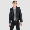 The Commando is our most traditional and recognizable leather jacket, now made in black leather with brass ball pull zippers and redesigned removable belt.