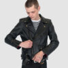 The Commando is our most traditional and recognizable leather jacket, now made in black leather with brass ball pull zippers and redesigned removable belt.