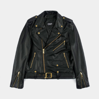 The Commando is our most traditional and recognizable leather jacket, now made in black leather with gold ball pull zippers and redesigned removable belt.