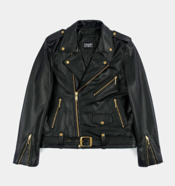 The Commando is our most traditional and recognizable leather jacket, now made in black leather with gold ball pull zippers and redesigned removable belt.