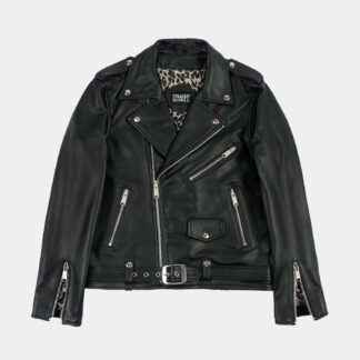 The Commando is our most traditional and recognizable leather jacket, now made in black leather, wide silver zippers, and redesigned removable belt.
