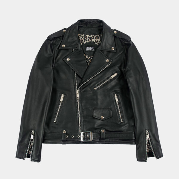 The Commando is our most traditional and recognizable leather jacket, now made in black leather, wide silver zippers, and redesigned removable belt.