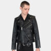 The Commando is our most traditional and recognizable leather jacket, now made in black leather, wide silver zippers, and redesigned removable belt.