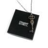 A silver-plated skeleton key necklace that hangs from a long, 18 inch stainless steel chain. The chain length can be adjusted for a shorter chain.