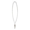 A silver-plated skeleton key necklace that hangs from a long, 18 inch stainless steel chain. The chain length can be adjusted for a shorter chain.