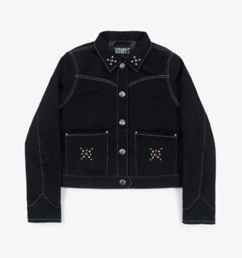 The Darling Dynamite hand-studded jacket features contrast stitching, subtle western details, and large snap closure.