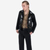 The Wilder is a black gabardine jacket with western details. It features white and metallic gold embroidery in a floral and star pattern.