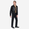 The Wilder is a black gabardine jacket with western details. It features white and metallic gold embroidery in a floral and star pattern.