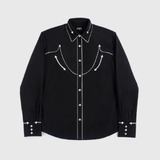 The Hillman is a black, long-sleeve western shirt. It features white piping detail, pocket arrow embroidery, and diamond snap closure.