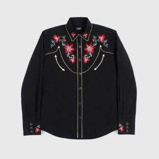 The Parsons is a black, long-sleeve western shirt with colored floral embroidery.