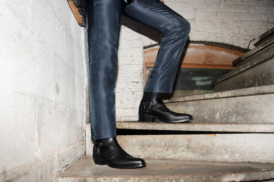 Libertine – Wide Width – Black and Silver Leather Harness Boots