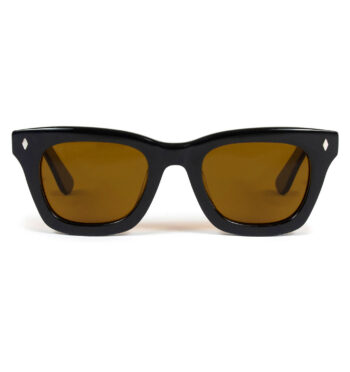 A classic retro sunglasses shape, always cool and timeless. Hand-crafted, polarized, black acetate frames, with dark yellow lenses.
