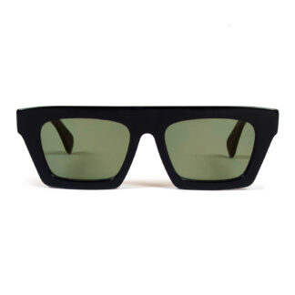 The Void sunglasses are sleek and modern with sharp angles. Hand-crafted, black acetate frames with dark green lenses