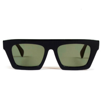 The Void sunglasses are sleek and modern with sharp angles. Hand-crafted, black acetate frames with dark green lenses
