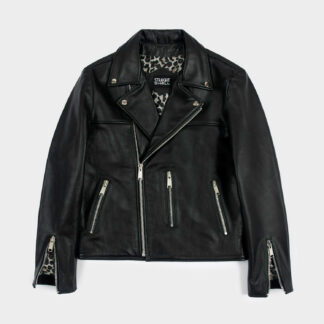 The Bristol Lightweight leather jacket features silver zippers on three vertical pockets and lightweight leopard print lining.