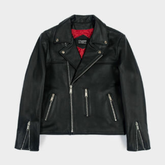 The Bristol leather jacket features silver zippers on three vertical pockets.