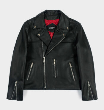 The Bristol leather jacket features silver zippers on three vertical pockets.