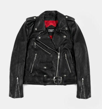 Commando - Black and Silver Leather Jacket - Red Lining - Modern Fit