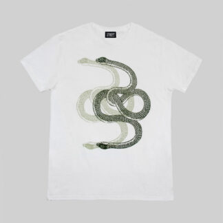 Two snakes pass in the night. Which goes left and which goes right? Short sleeve snakes t-shirt made from soft cotton with a relaxed neck. Printed in Chicago.