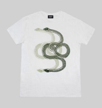 Two snakes pass in the night. Which goes left and which goes right? Short sleeve snakes t-shirt made from soft cotton with a relaxed neck. Printed in Chicago.
