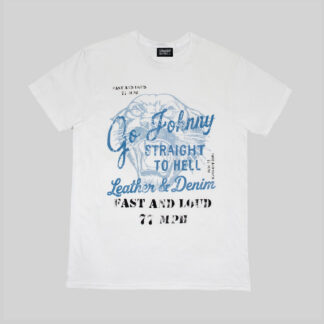 Leather and Denim. Fast and Loud 77 MPH. Go Johnny. Short sleeve t-shirt made from soft cotton. Printed in Chicago. This is our Everyday fit.