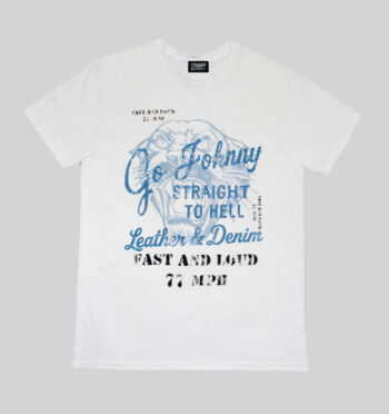 Leather and Denim. Fast and Loud 77 MPH. Go Johnny. Short sleeve t-shirt made from soft cotton. Printed in Chicago. This is our Everyday fit.