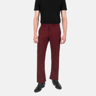 Slim fit burgundy pants with flared hem. A narrow taper from thigh to knee, and then flared from knee to the bottom. Can be worn as casual or dress pants.