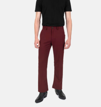 Slim fit burgundy pants with flared hem. A narrow taper from thigh to knee, and then flared from knee to the bottom. Can be worn as casual or dress pants.