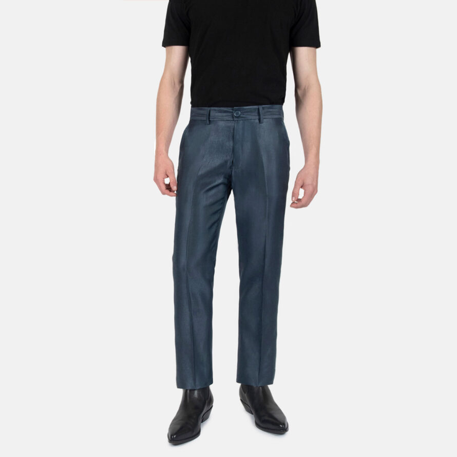 Slim fit tonic blue pants. Tailored from thigh to hem with room for comfort. Can be worn casually or as dress pants.