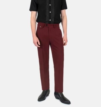 Slim fit burgundy pants. Tapered from thigh to hem with room for comfort. Can be worn as casual or dress pants.